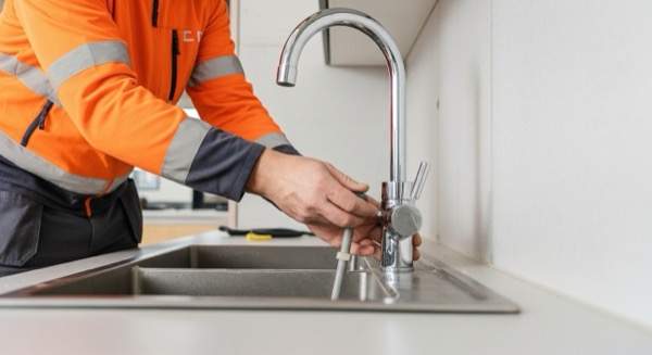 Asentaja vaihtaa keittiöhanaa